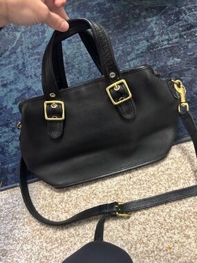 Vintage Coach Black Leather Satchel Handbag with Brass Hardware
